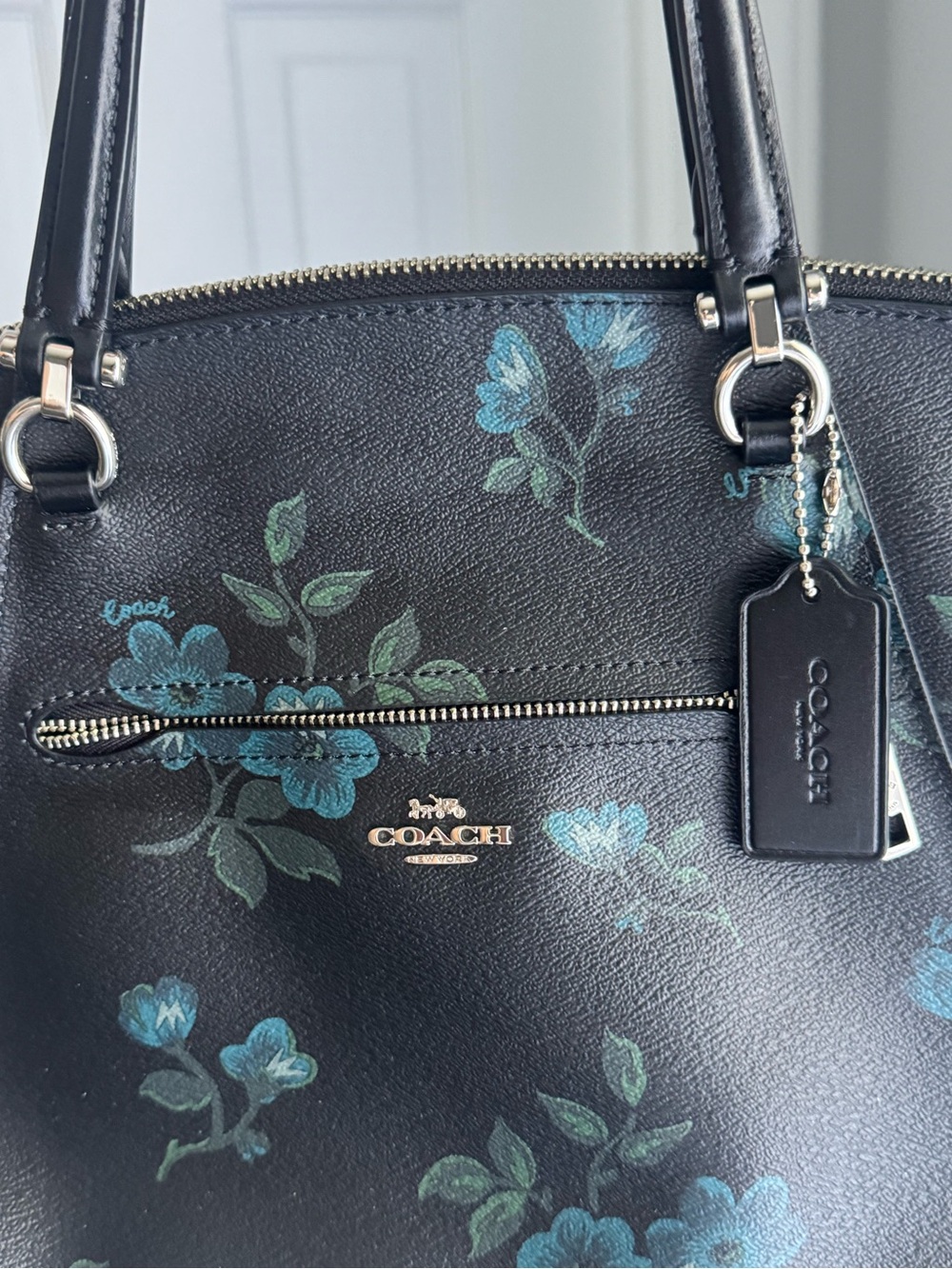 Coach Black Floral Zip-Top Tote with Teal Blue Accents - Picture 3 of 8